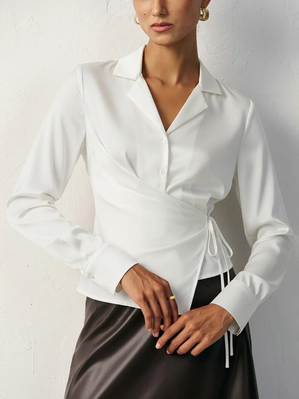 Commense Lapel Collar Tie Satin Wrap Shirt NWT, Size M